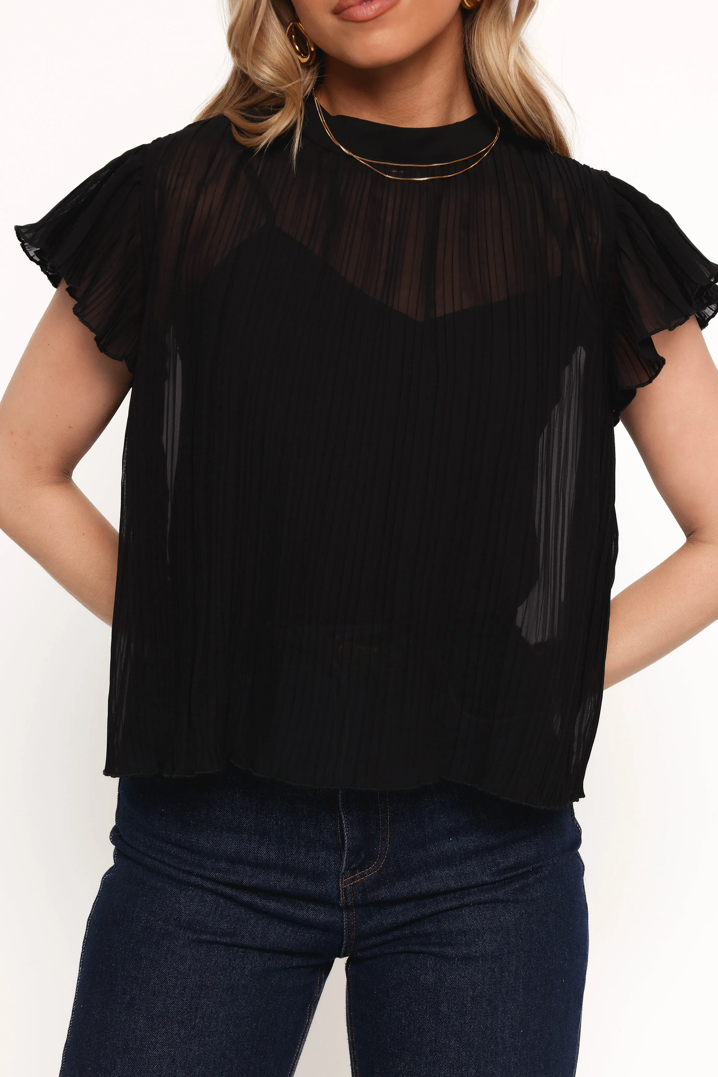 Topia Pleated Flutter Sleeve Top - Black