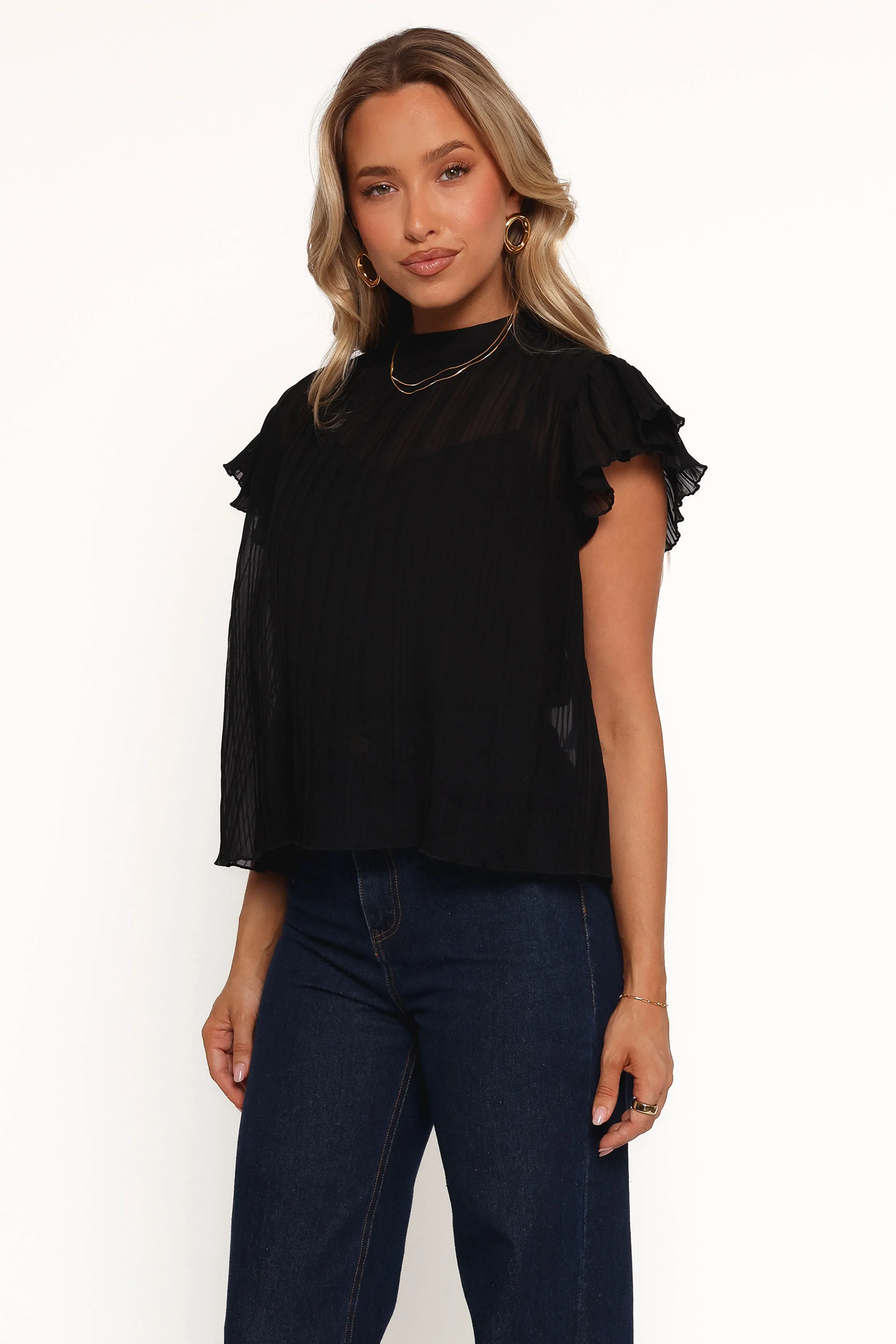 Topia Pleated Flutter Sleeve Top - Black