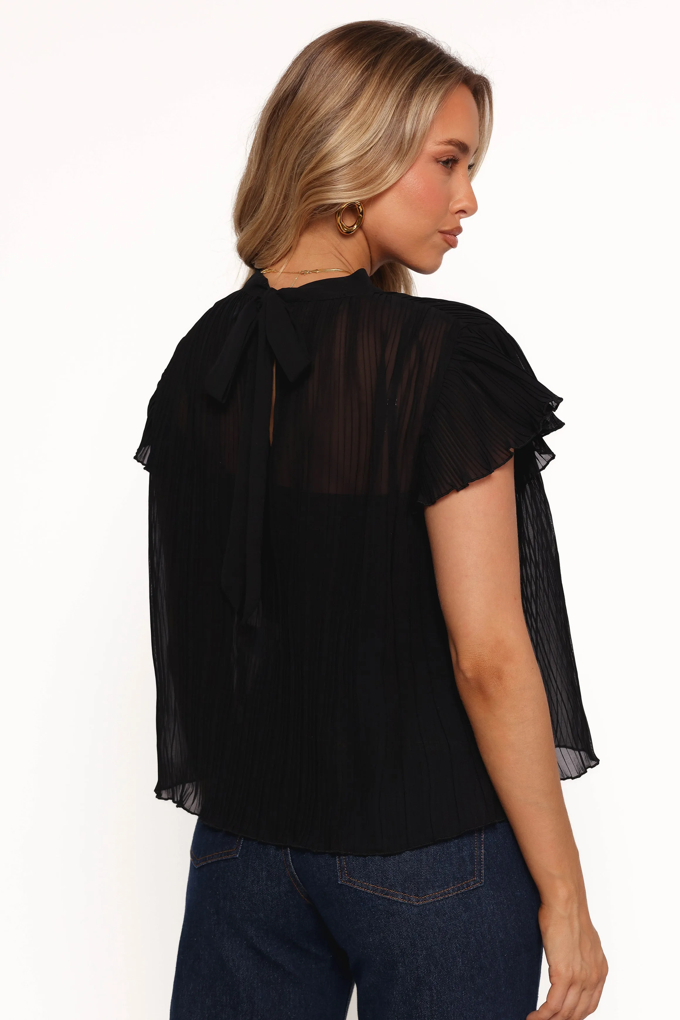 Topia Pleated Flutter Sleeve Top - Black