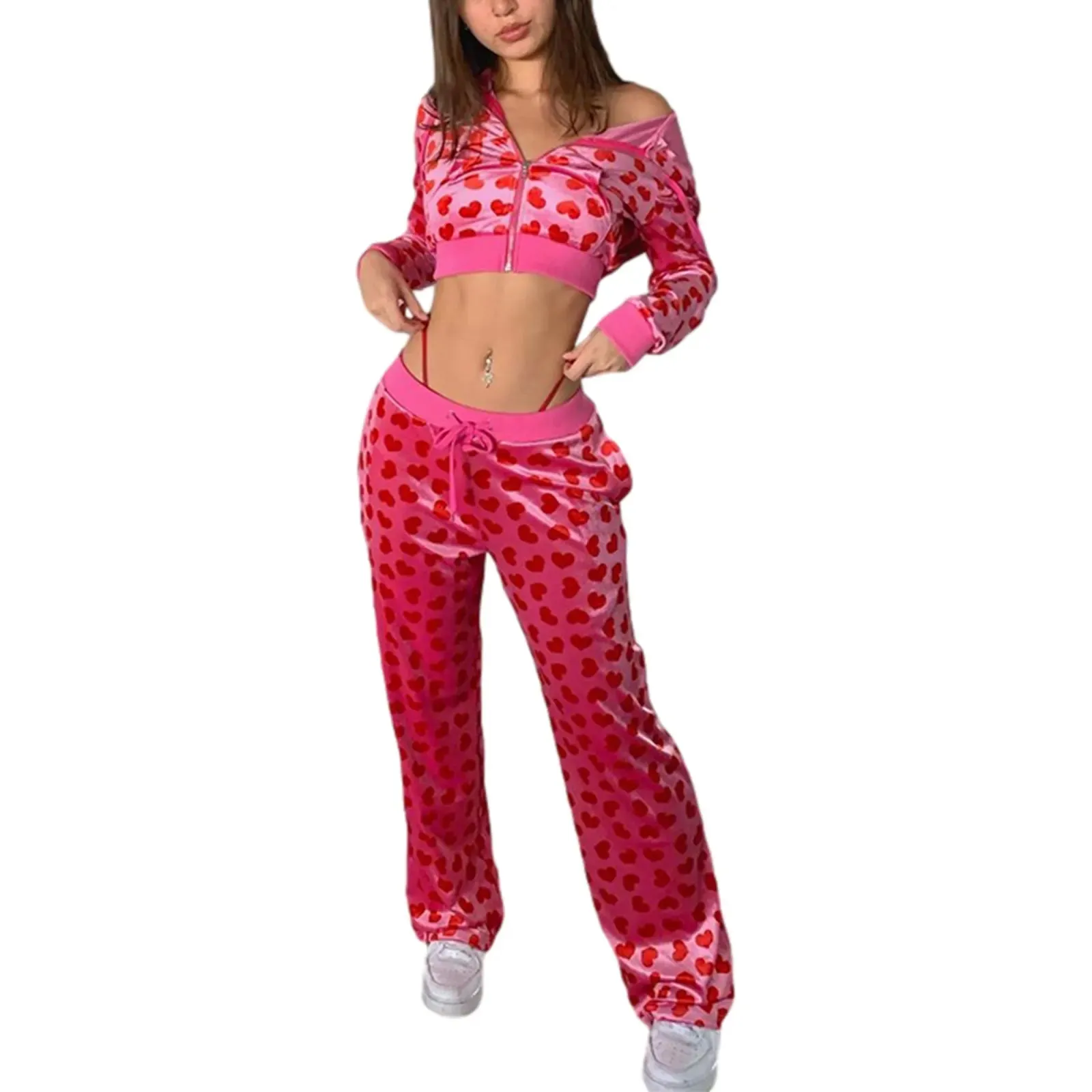 Trendy Heart Print Velvet Tracksuit with Flared Pants