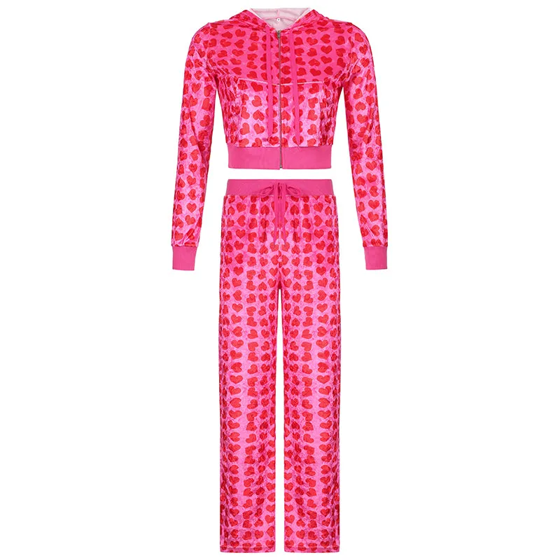 Trendy Heart Print Velvet Tracksuit with Flared Pants