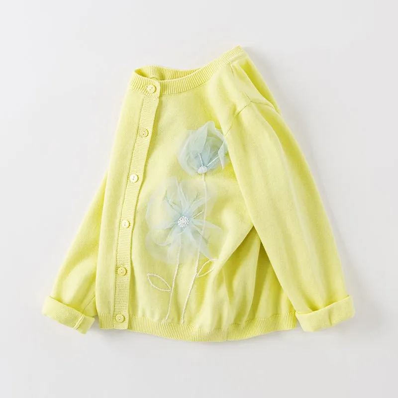 Tulle Flower Embroidery Girl Yellow Cardigan