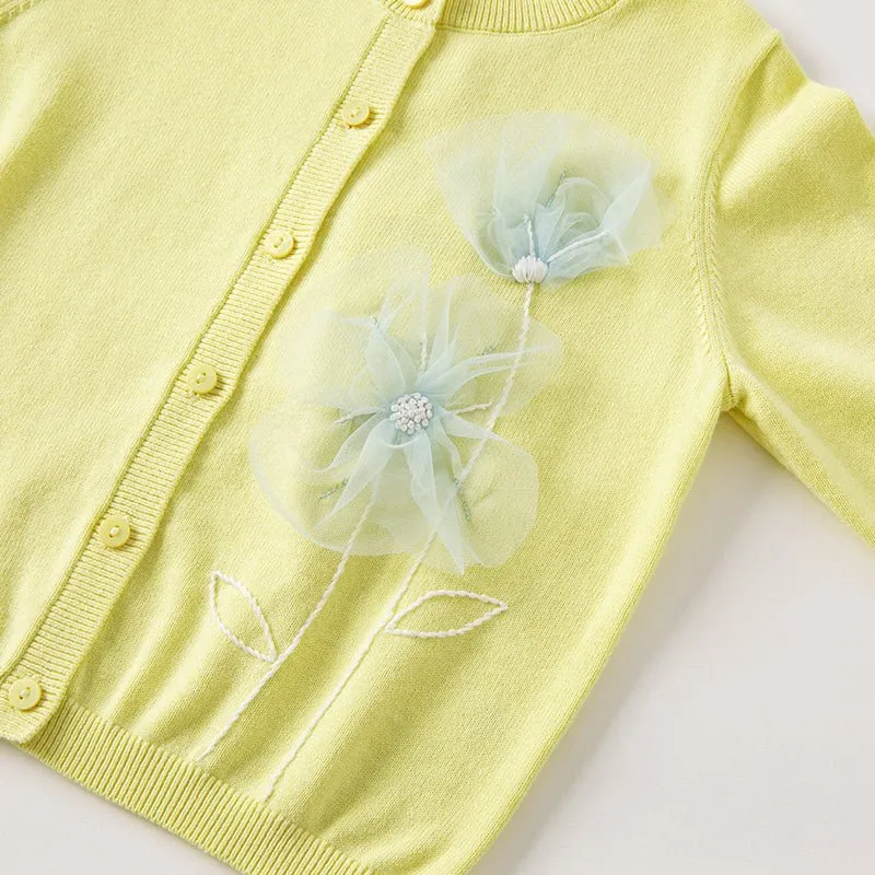 Tulle Flower Embroidery Girl Yellow Cardigan