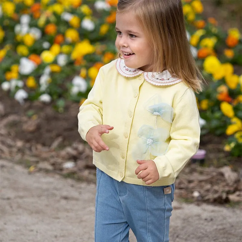 Tulle Flower Embroidery Girl Yellow Cardigan