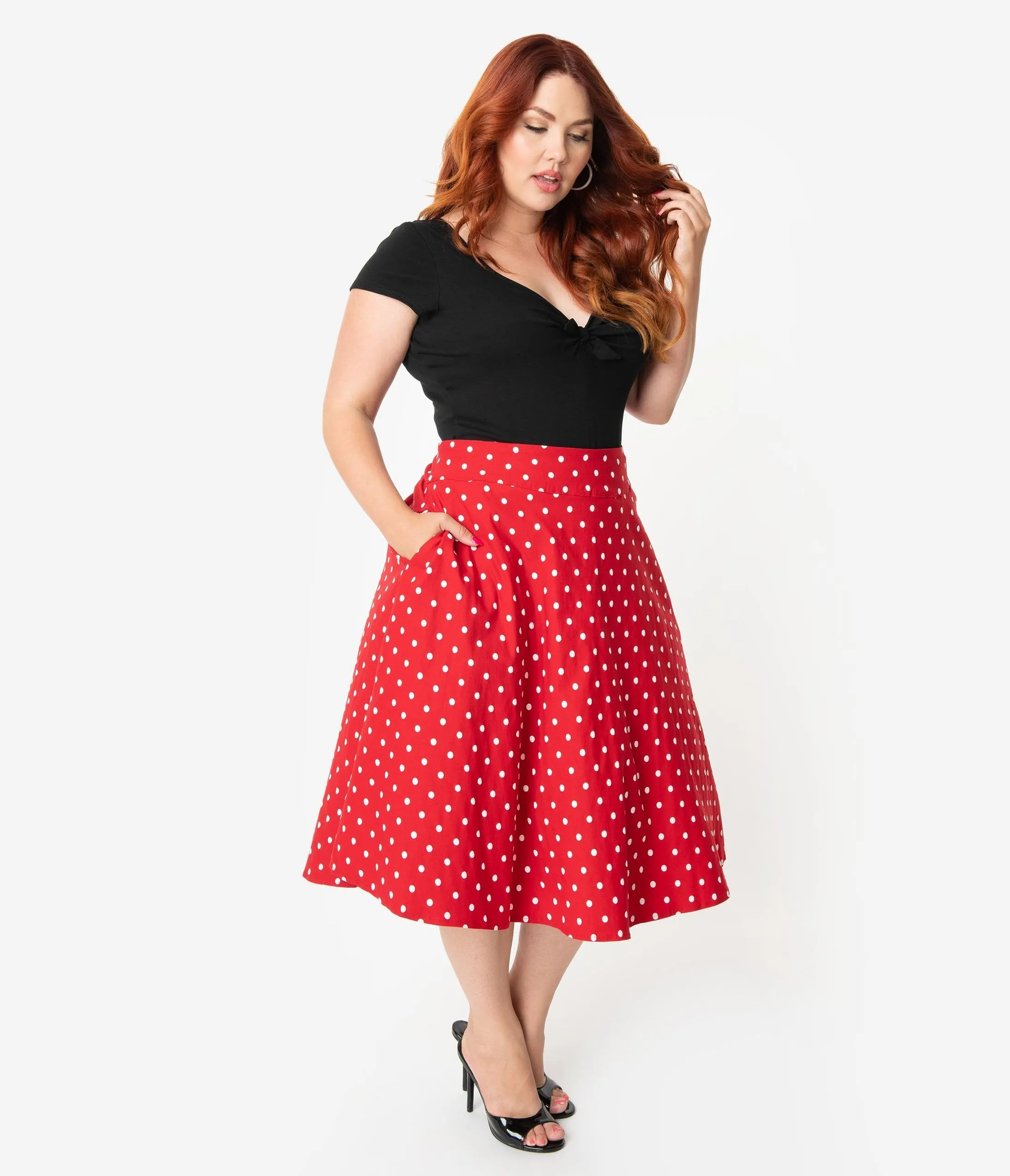 Unique Vintage Plus Size Retro Style Red & White Polka Dot High Waist Vivien Swing Skirt