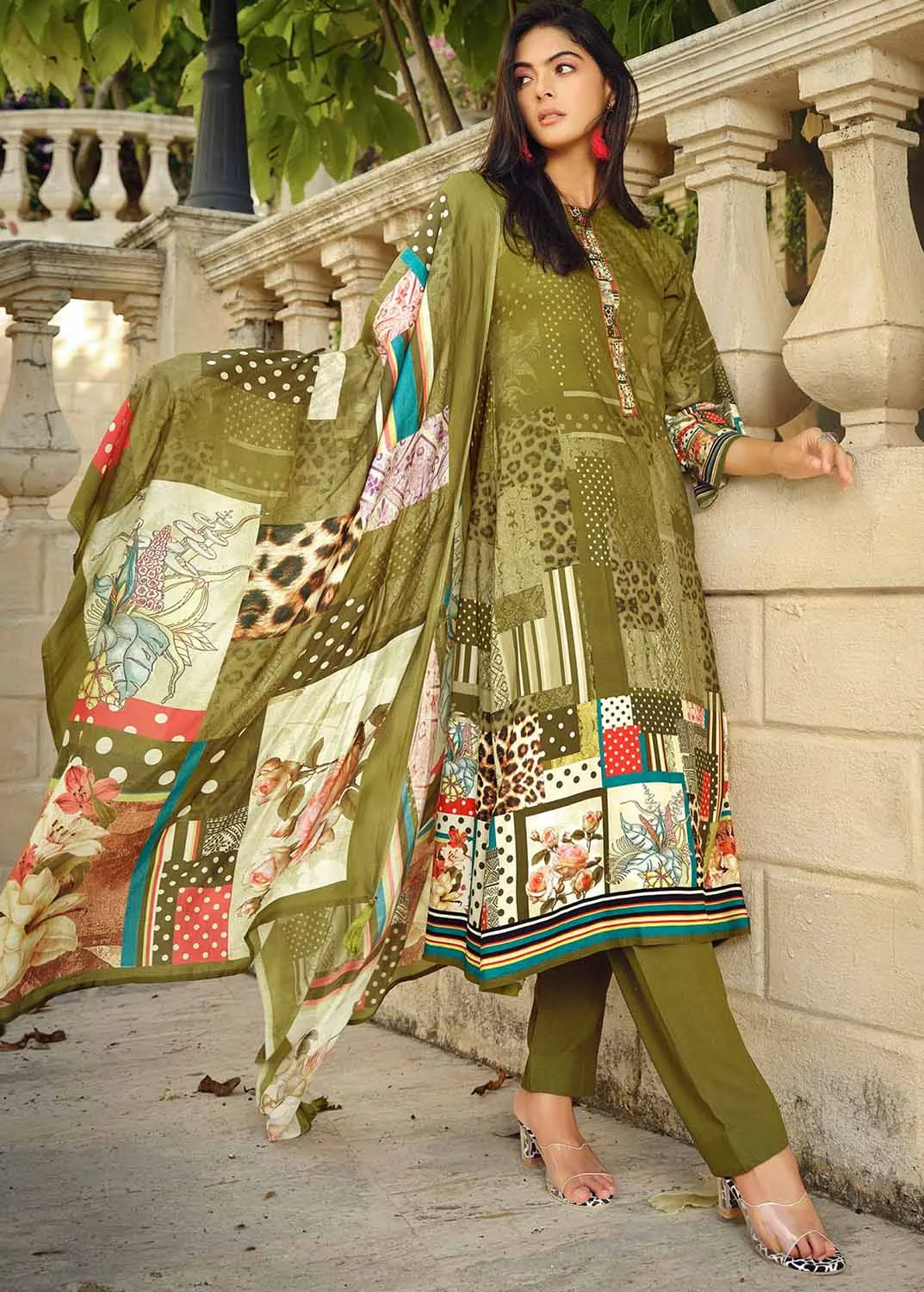 Unstitched Green Pashmina Winter Suit Dress Material for Women