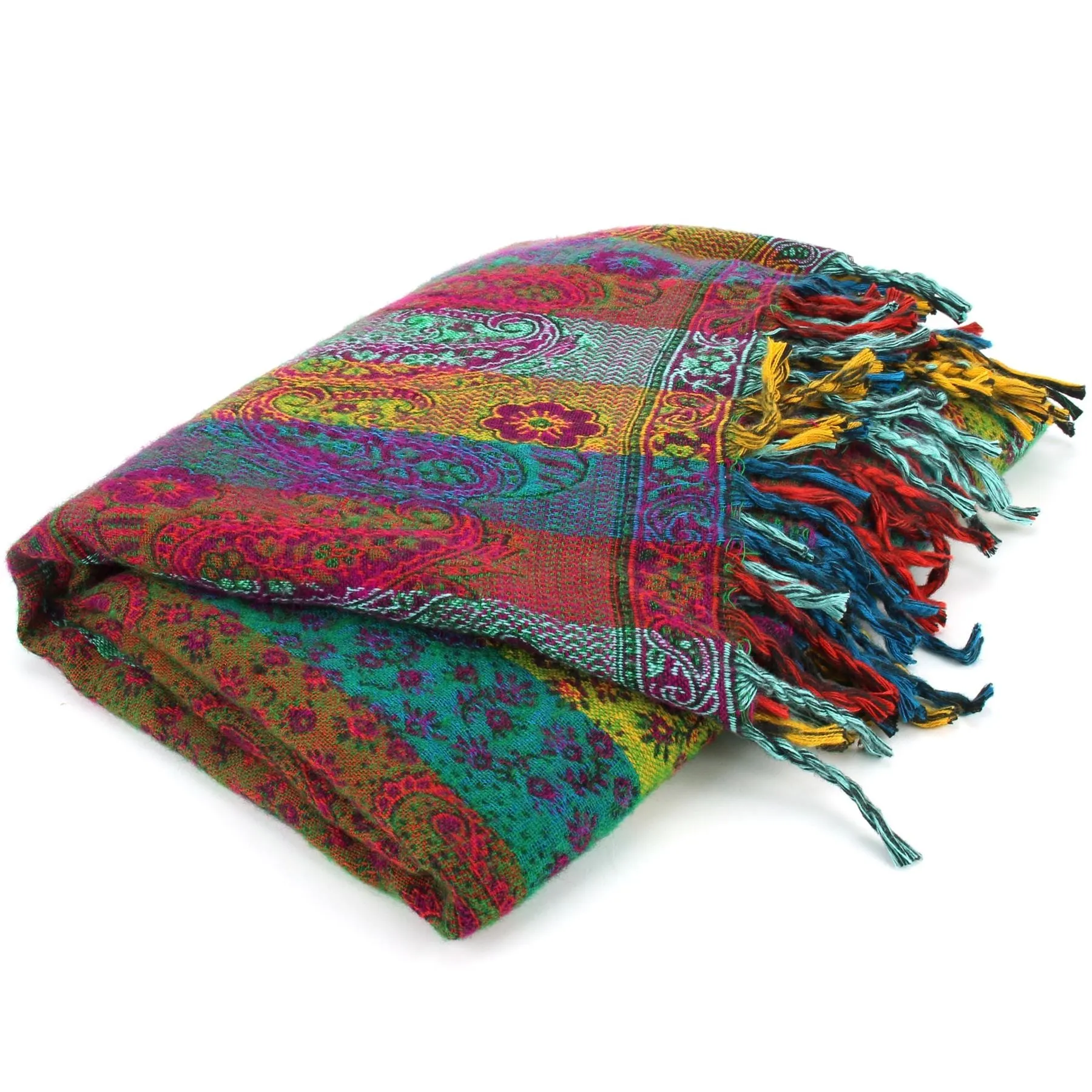 Vegan Wool Shawl Blanket - Paisley Stripe - Red & Green