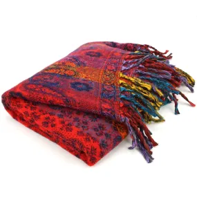 Vegan Wool Shawl Blanket - Paisley Stripe - Red & Pink