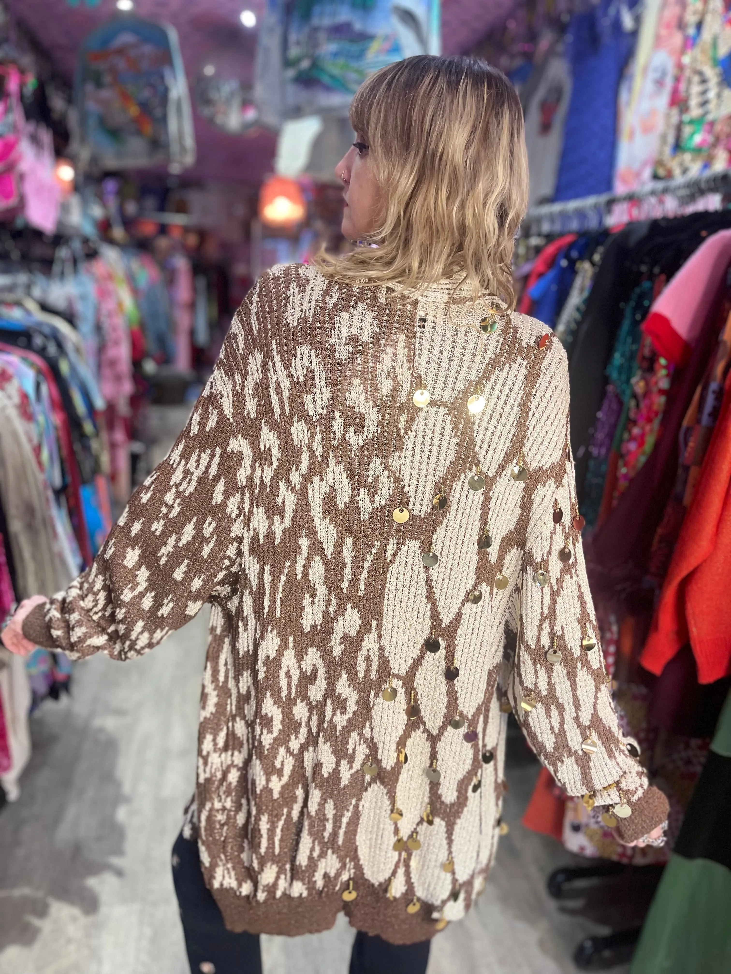 Vintage 80s Safari Print Bedazzled Cardigan