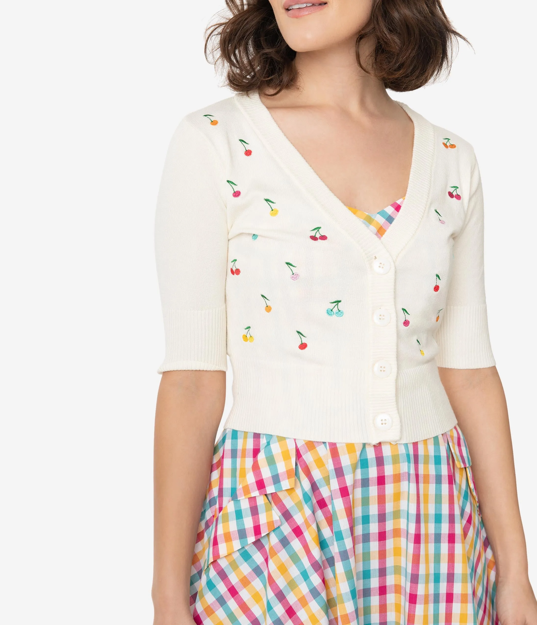 Voodoo Vixen Cream & Multicolor Cherries Catorina Crop Cardigan