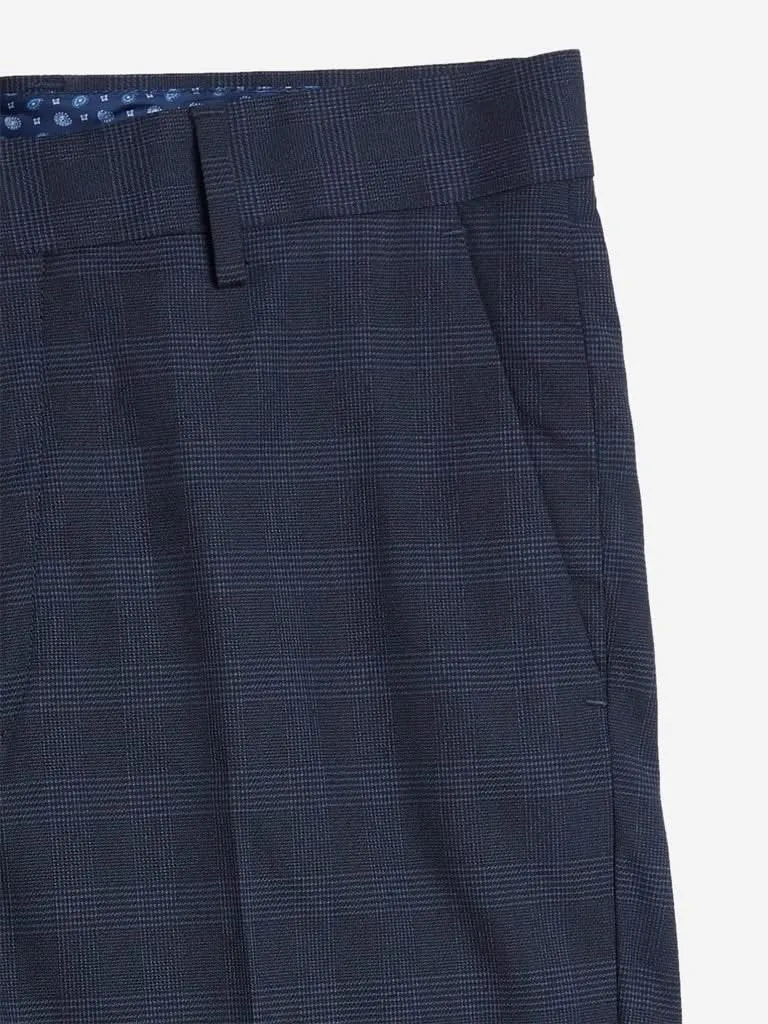 WES Formals Navy And Grey Ultra-Slim Fit Trouser