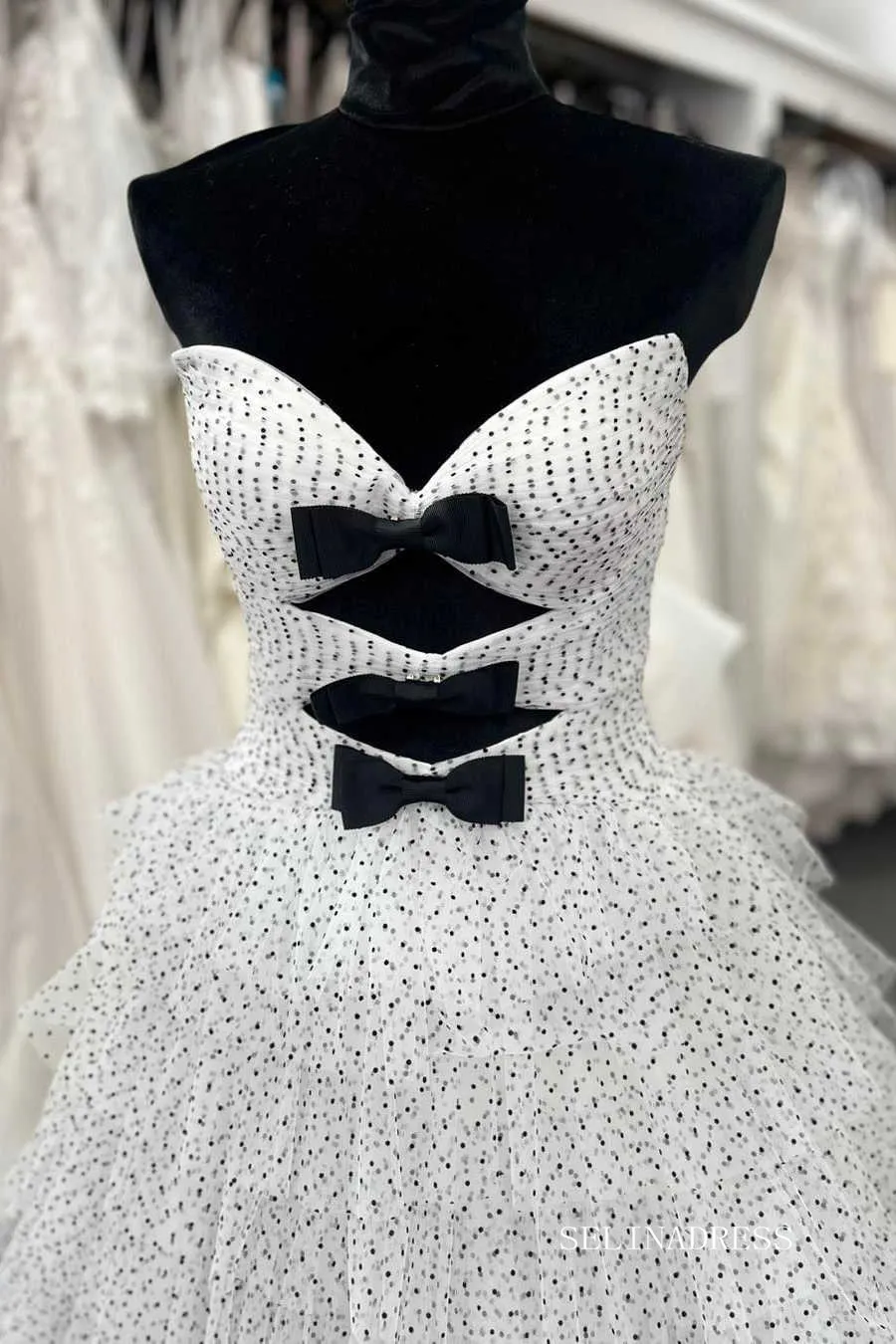 White Strapless Swiss Dot Layered Long Prom Dress lpk577