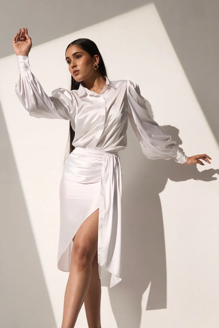 White Women's Evening Satin shirt with skirt Co-ord set