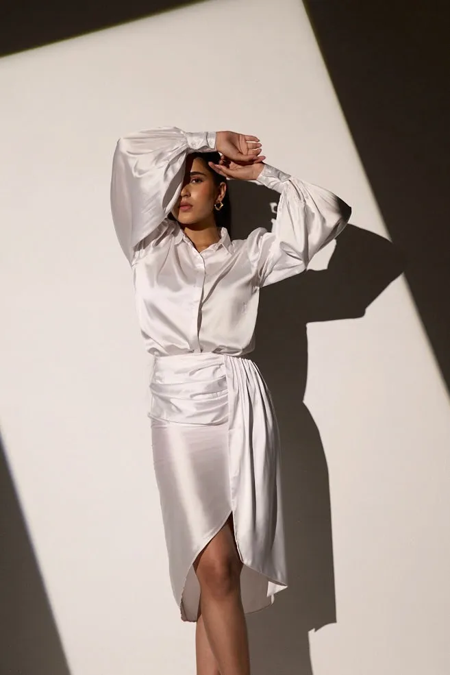 White Women's Evening Satin shirt with skirt Co-ord set