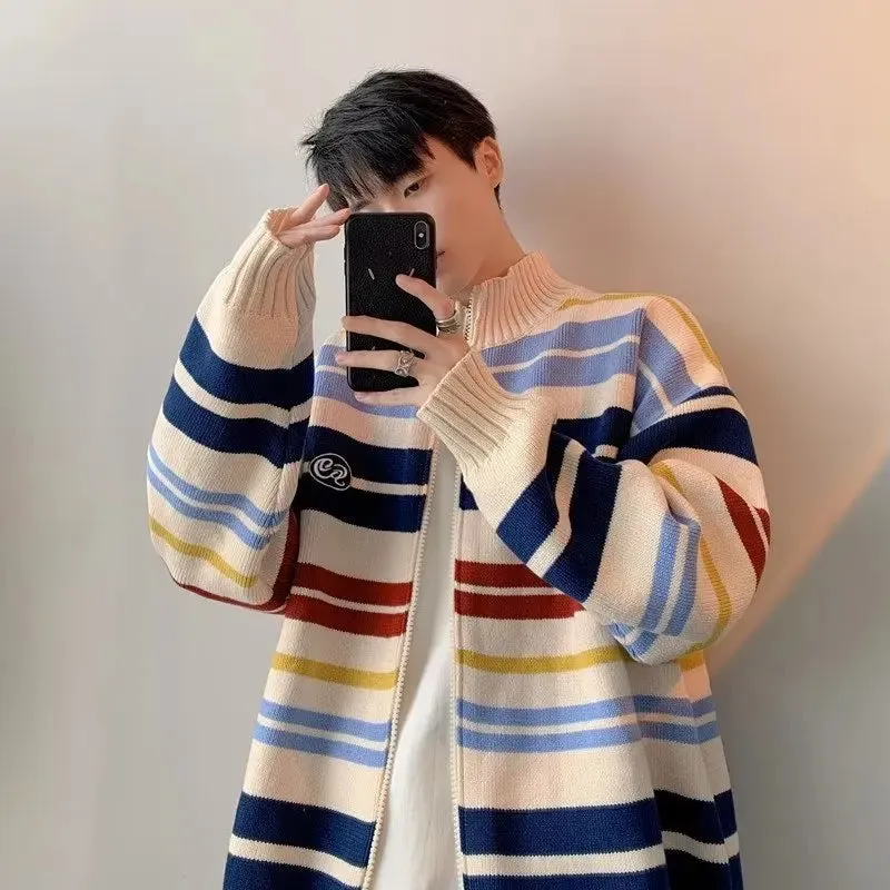 Wiaofellas  -  fall outfits men Autumn Clothing Men's Light Luxury Knitted Cardigan Sweatercoat Korean Vintage Zipper Striped Long Sleeve Knitwear New