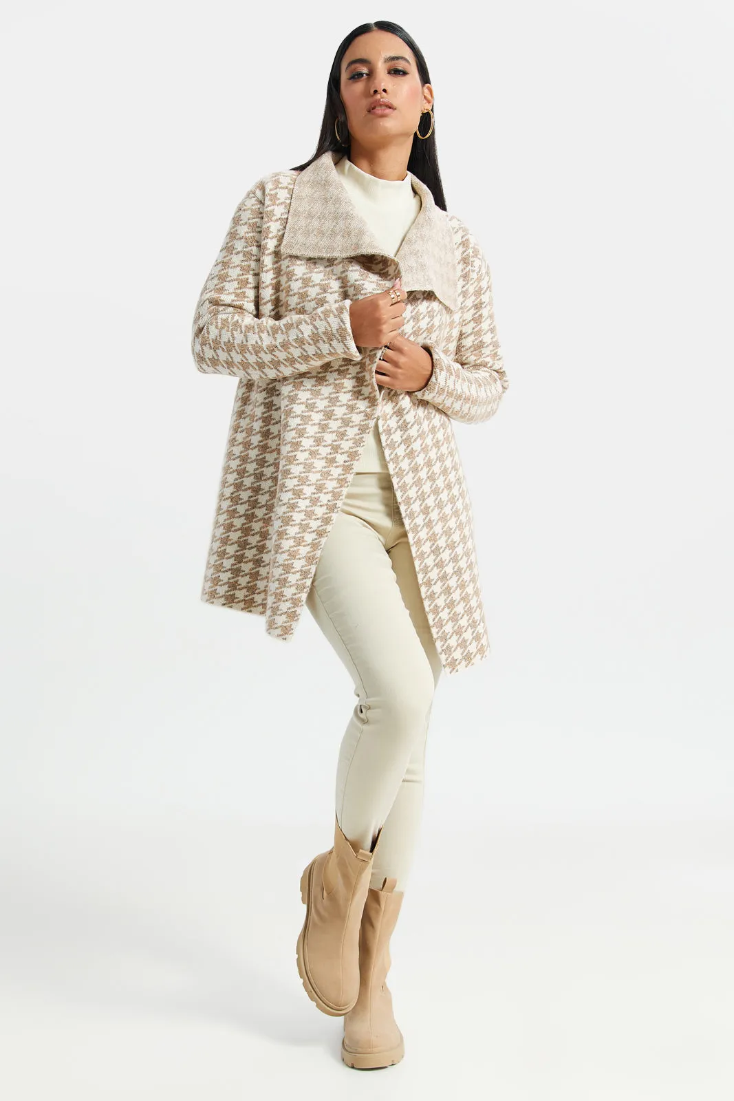 Women Beige And White Printed Longline Knitted Cardigan