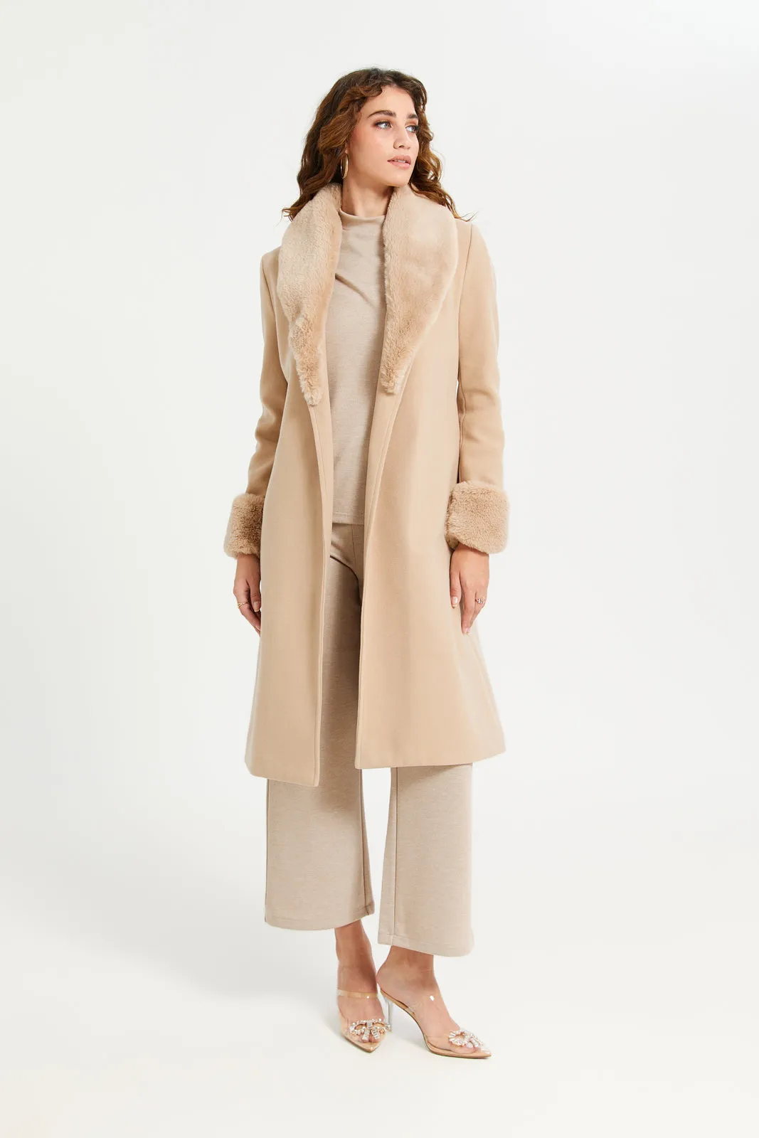 Women Beige Faux Fur Belted Coat