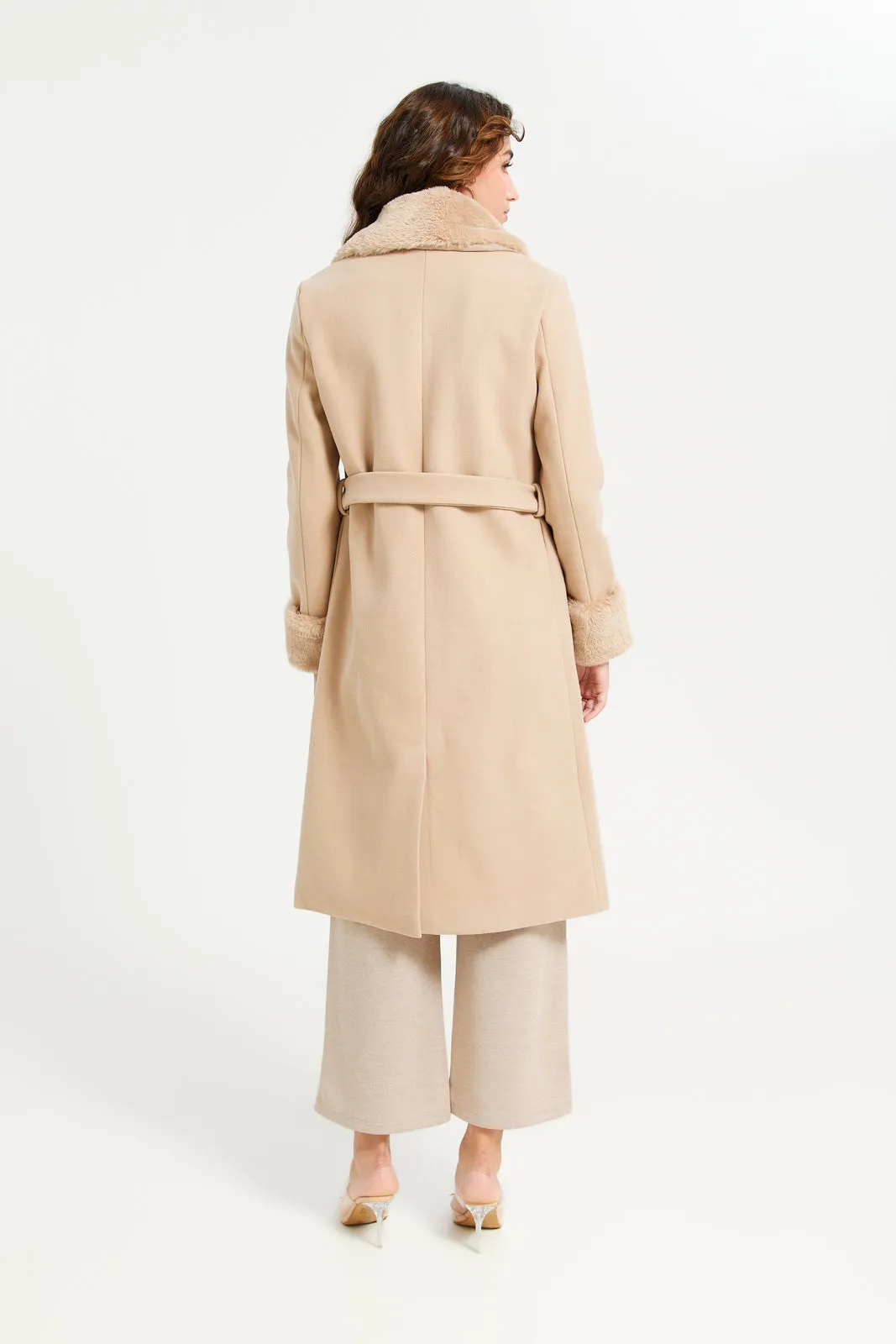 Women Beige Faux Fur Belted Coat