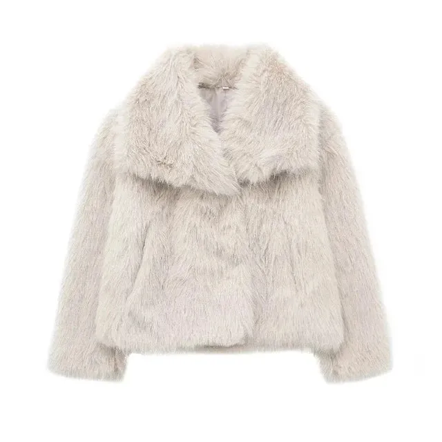 Women Casual Faux Fur Jackets Turn Down Collar Elegant Thick Coat