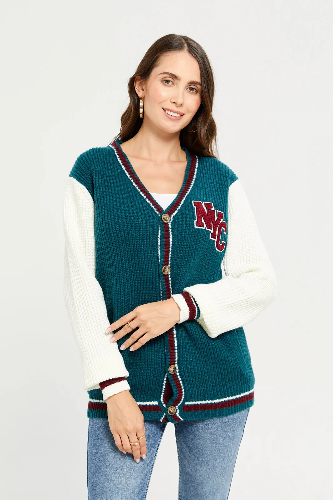 Women Green Embroidered Long Sleeve Tricot Cardigan