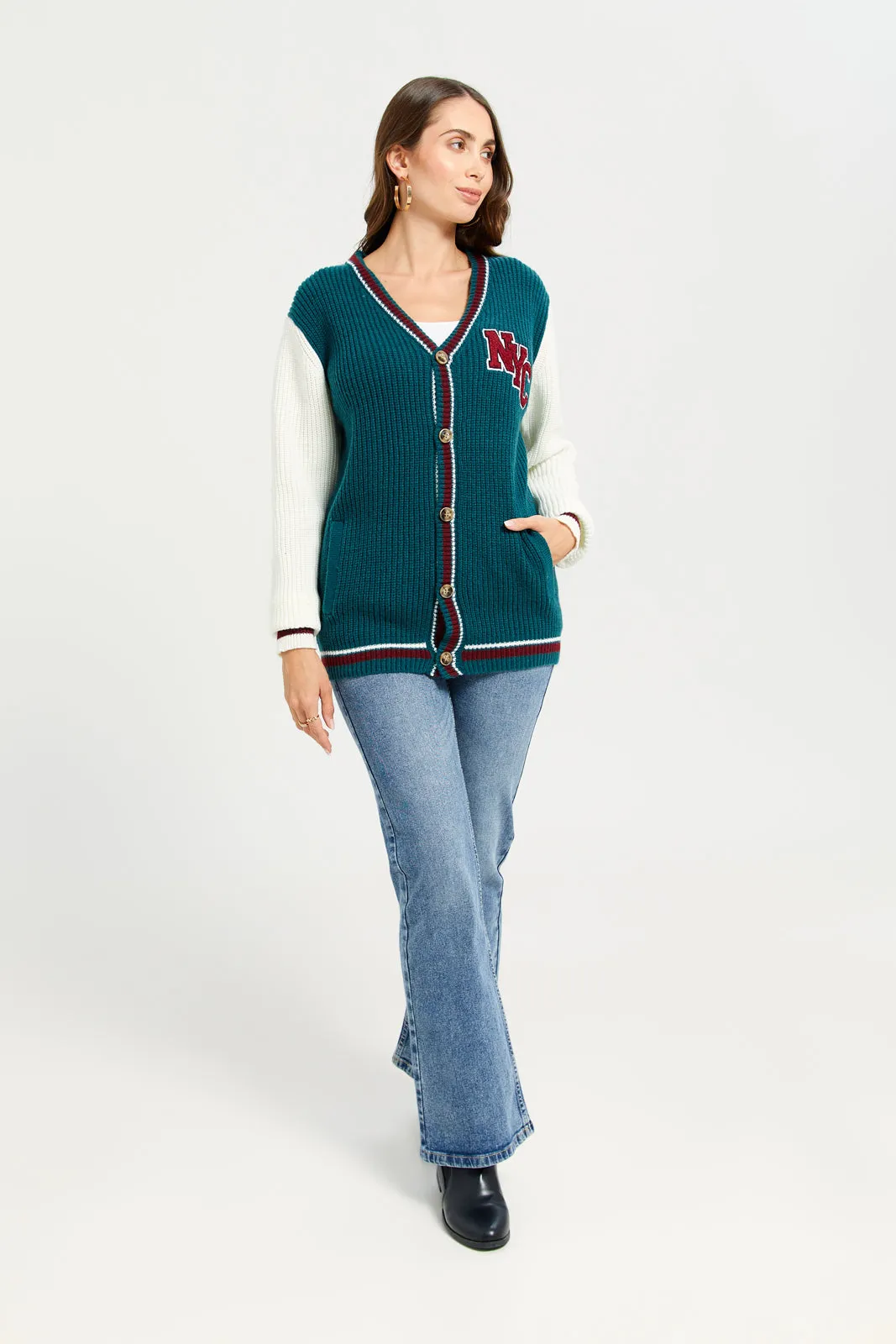 Women Green Embroidered Long Sleeve Tricot Cardigan