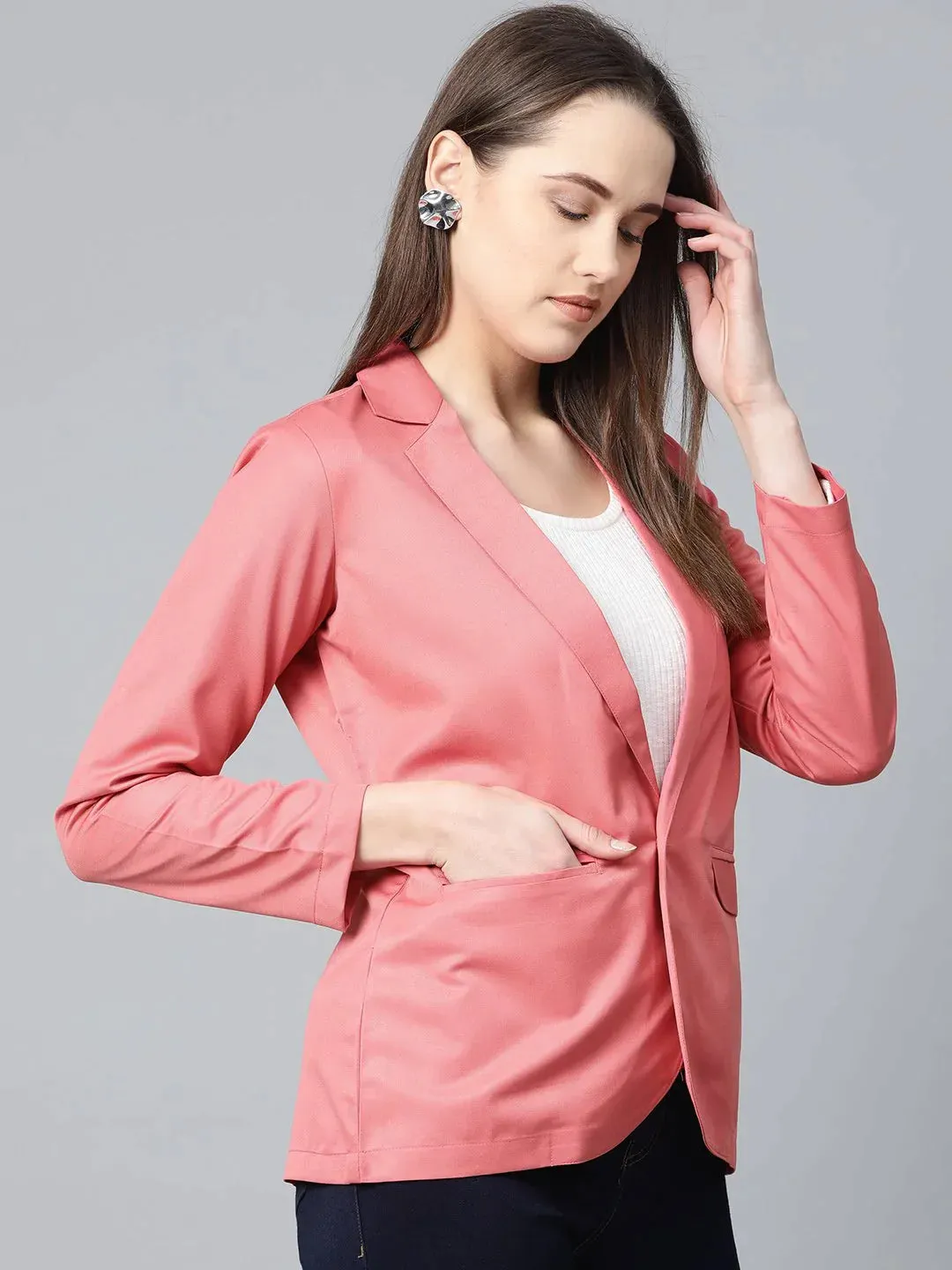 Women Peach Solid Single-Breasted Smart Casual Blazer