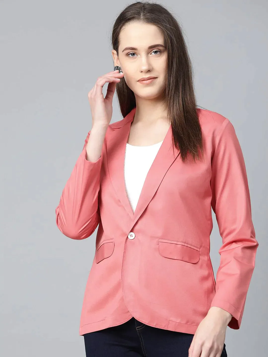 Women Peach Solid Single-Breasted Smart Casual Blazer