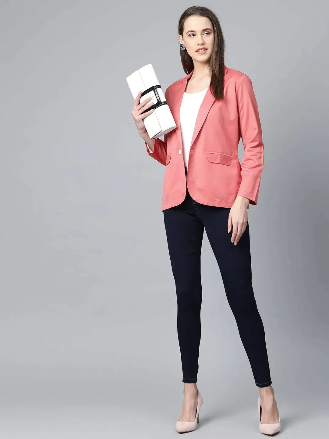 Women Peach Solid Single-Breasted Smart Casual Blazer