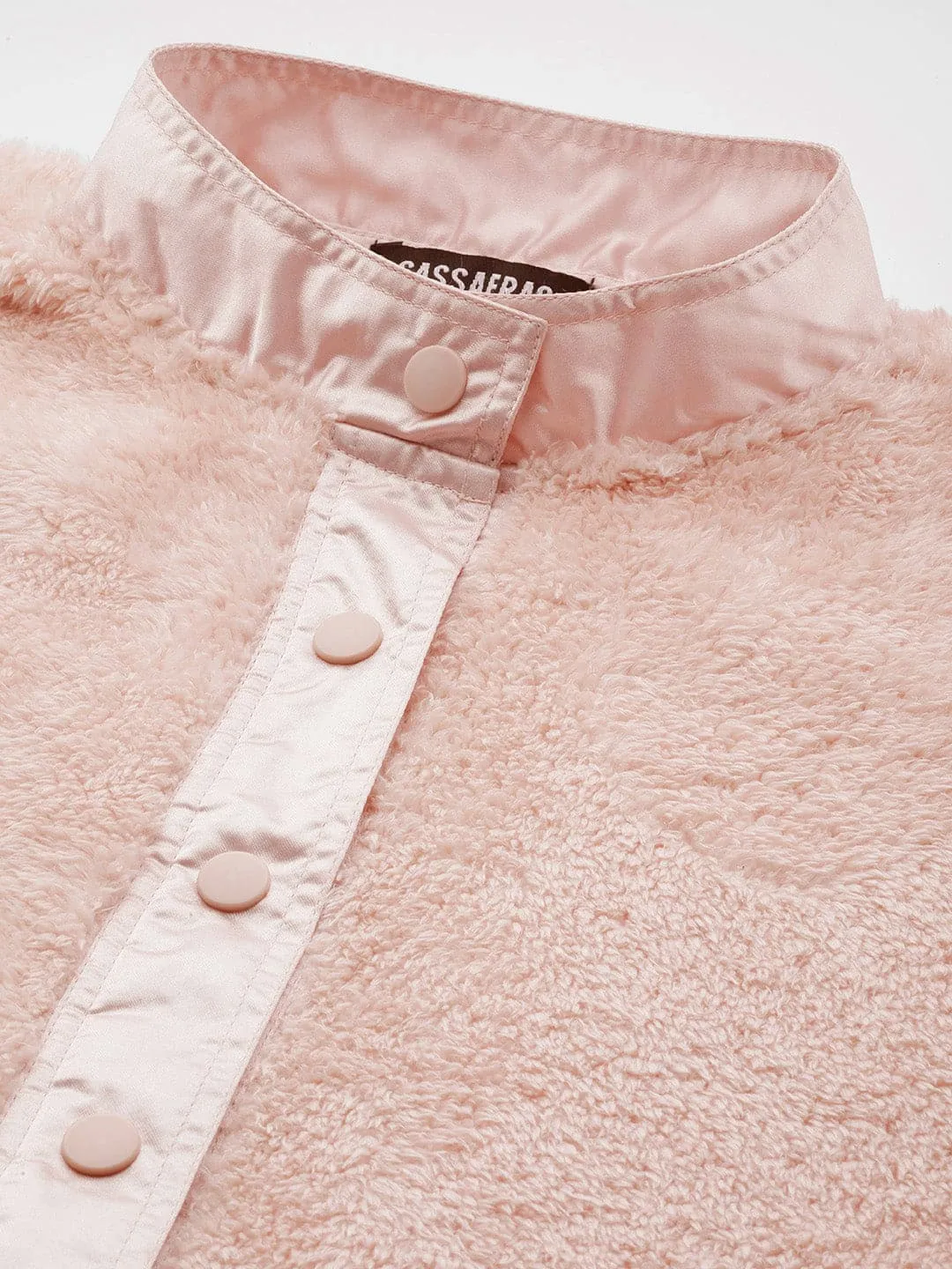 Women Pink Front Pocket Faux Fur Jacket