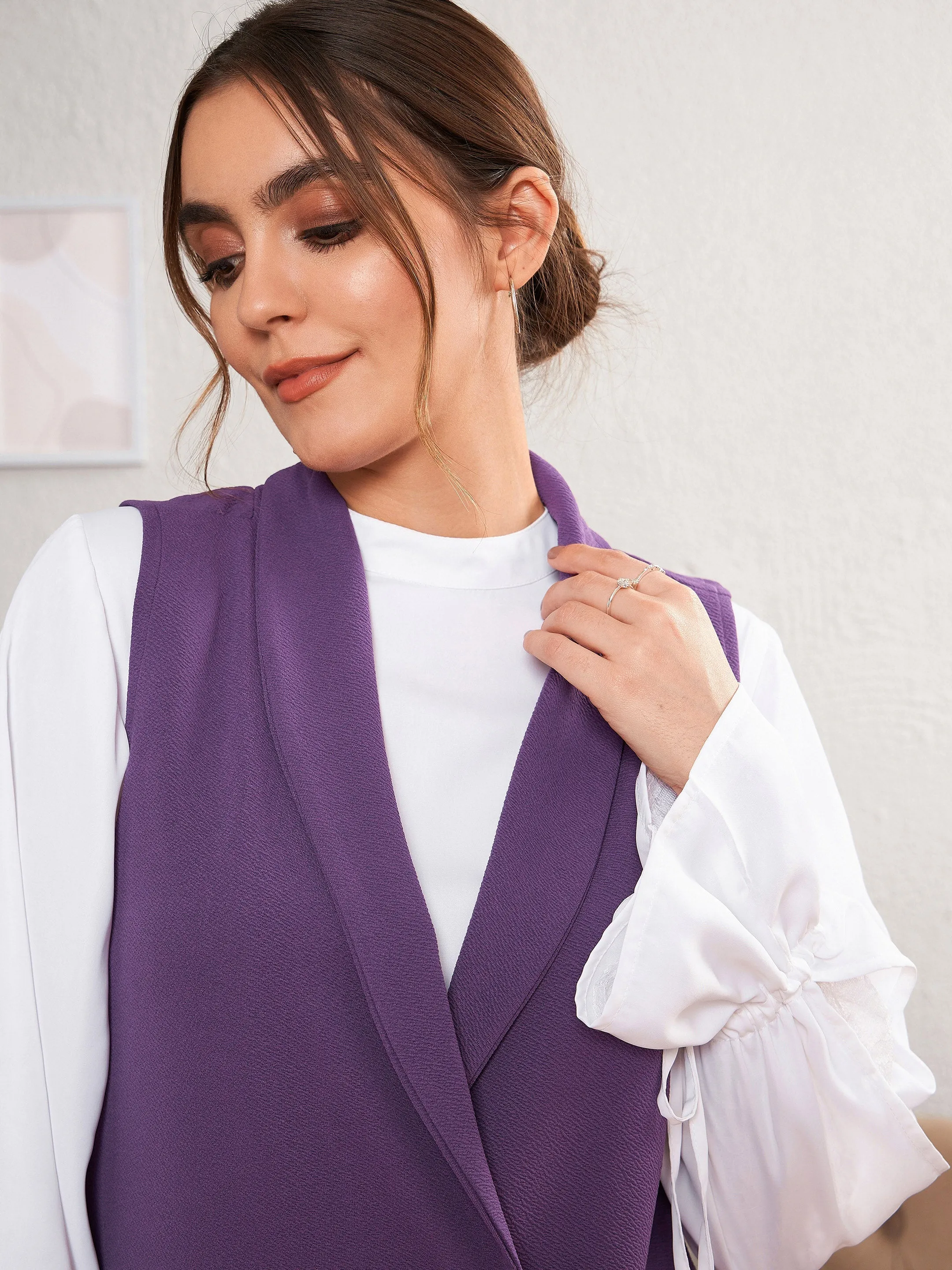 Women Purple Double-Breast Sleeveless Longline Blazer