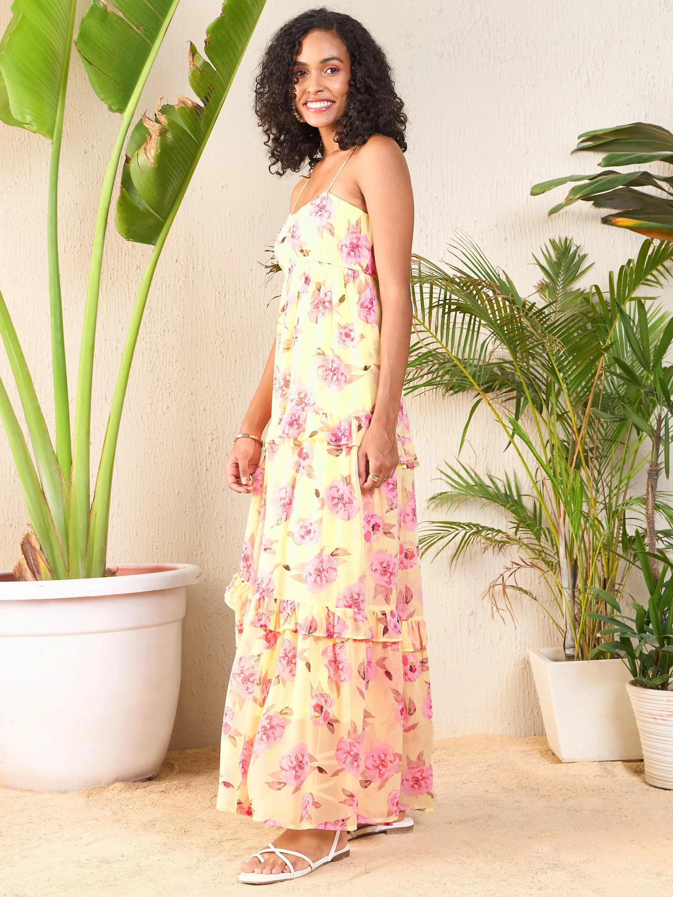 Women Yellow Floral Strappy Ruffle Maxi Dress