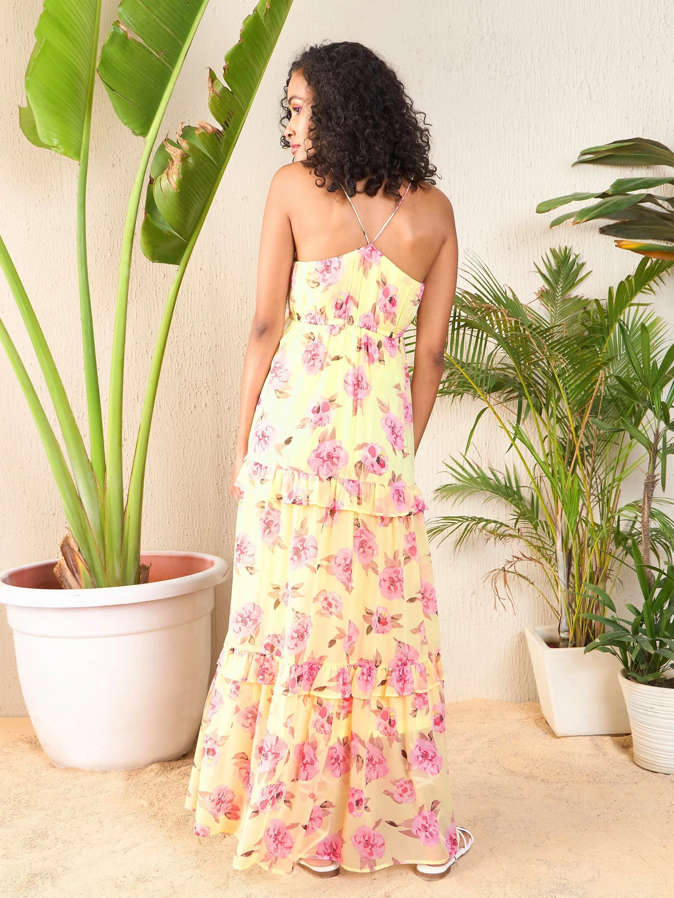 Women Yellow Floral Strappy Ruffle Maxi Dress