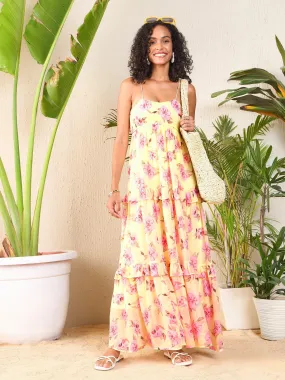 Women Yellow Floral Strappy Ruffle Maxi Dress