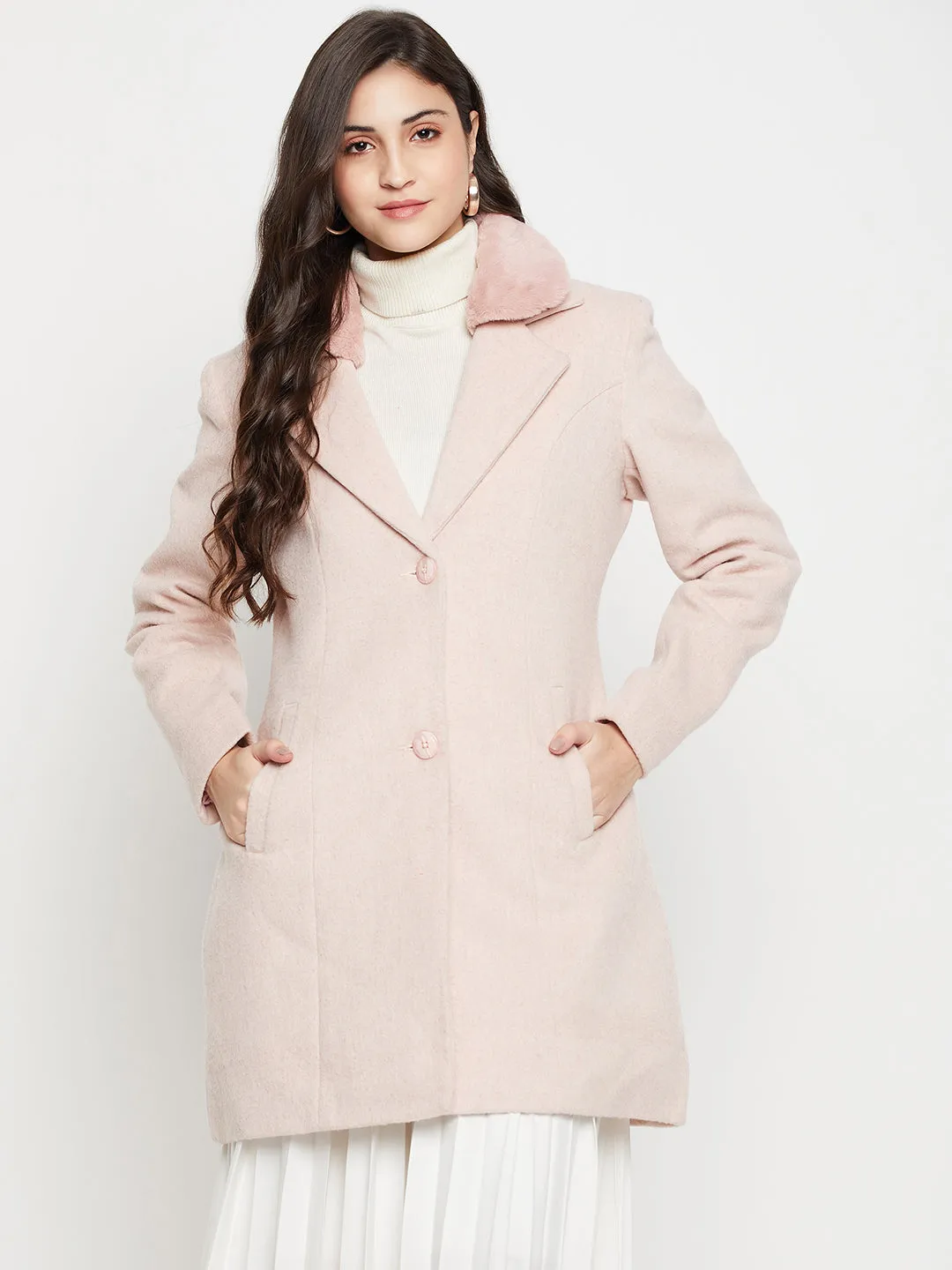 Women's Casual  Pink Single breasted  Notched Lapel Collar with Faux Fur insert Long Coat