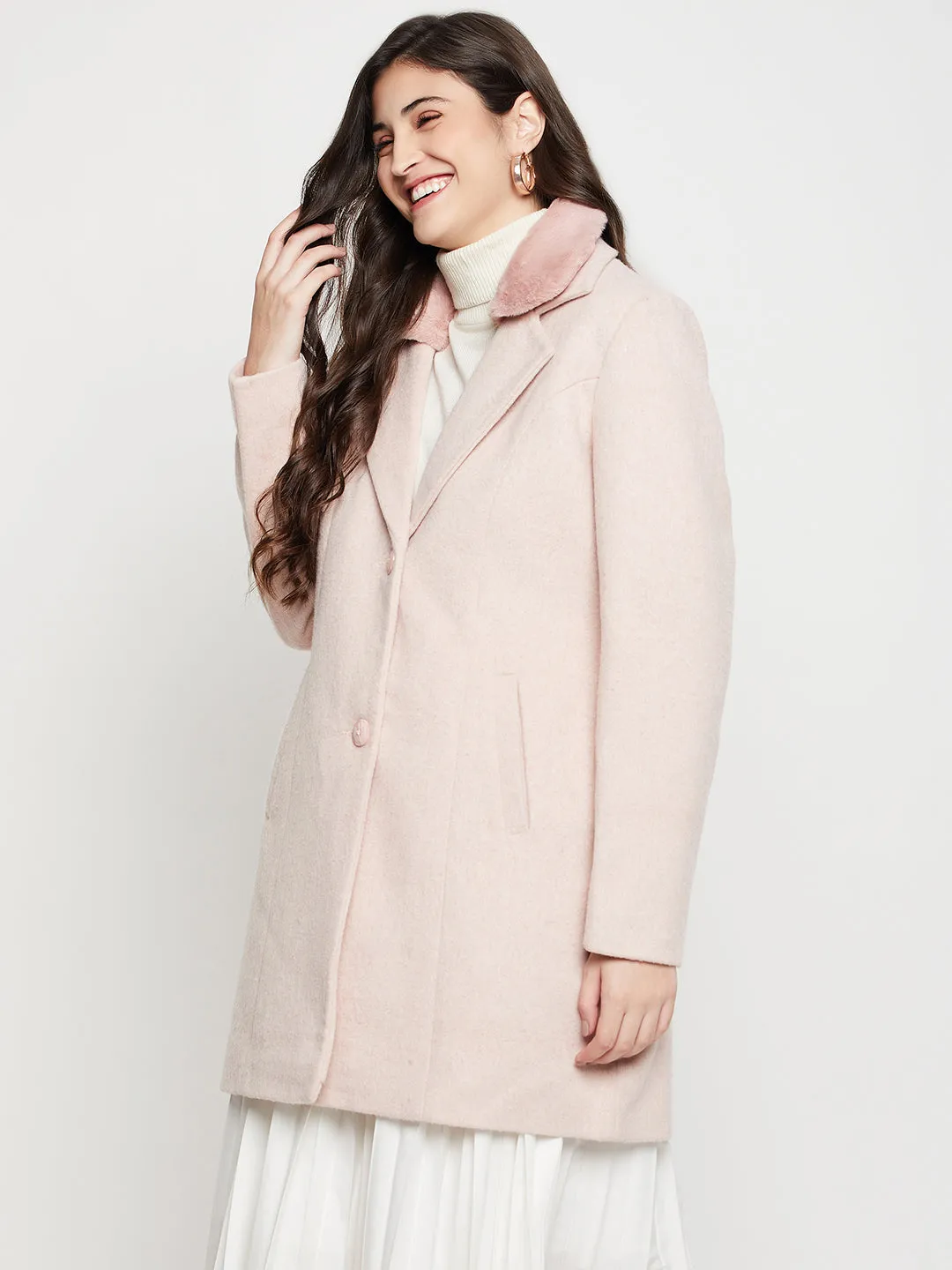 Women's Casual  Pink Single breasted  Notched Lapel Collar with Faux Fur insert Long Coat