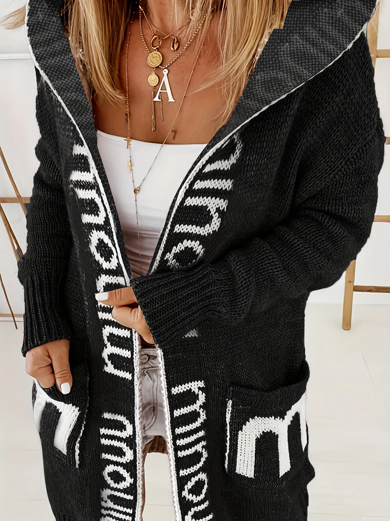 Womens Plus Size Letter Print Hooded Cardigan with Pockets