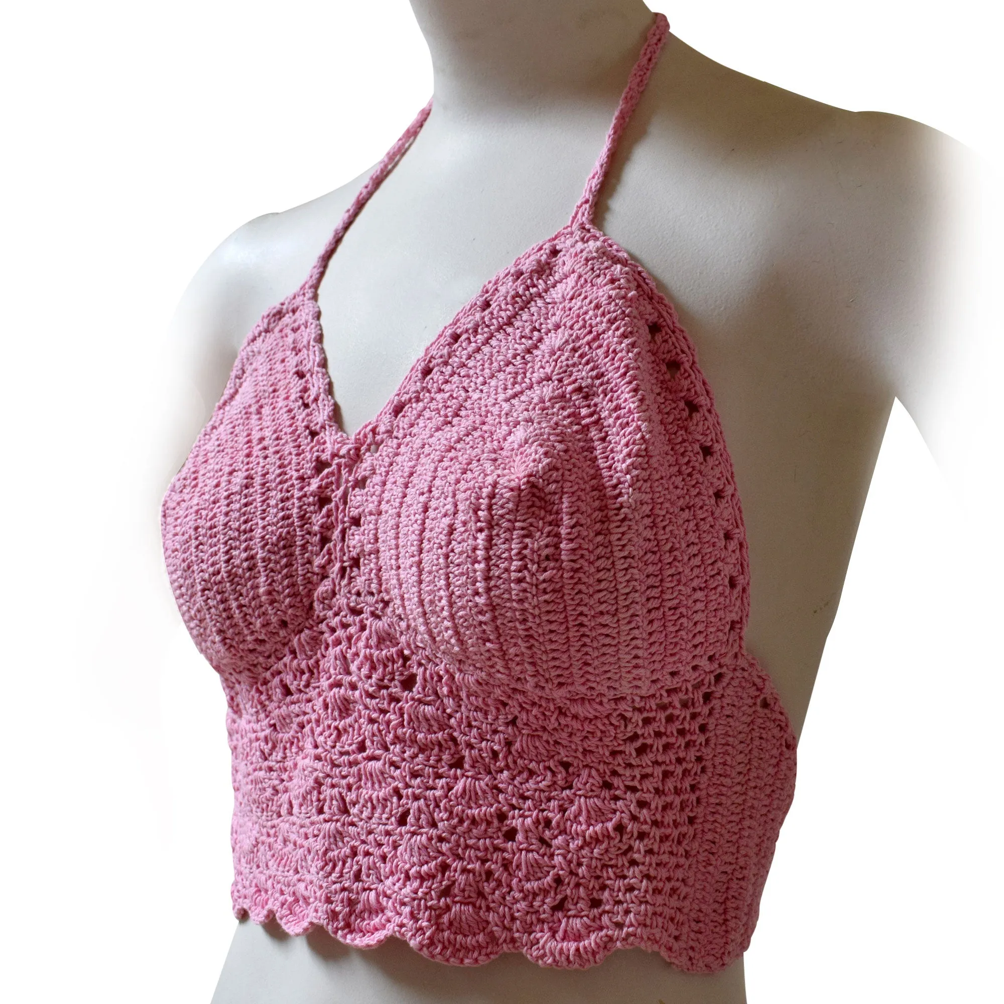 Women's Solid Color Crochet Crop Top, Summer Bikini Bralette Halter Color Top