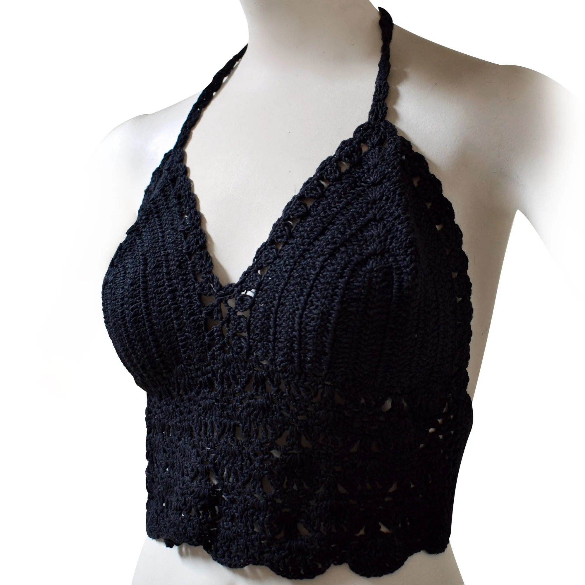 Women's Solid Color Crochet Crop Top, Summer Bikini Bralette Halter Color Top