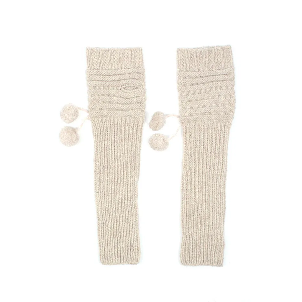 Wool Blend Long Arm Warmer Gloves Pom Pom