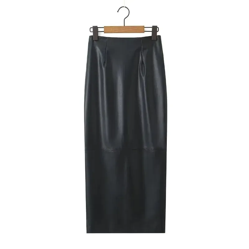 YESMYTOOL  -  Autumn Split PU Leather Skirts 2024 New Fashion Long Slim PU Leather Skirts Women Elegant Hip Black Skirts Women Clothing